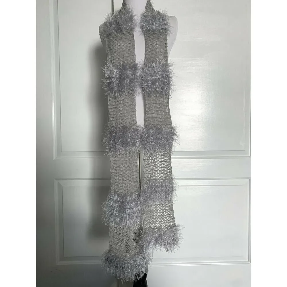 Handmade Homemade Knit Crochet Scarf Neck Wrap Gift Gray Silver Fringe NEW